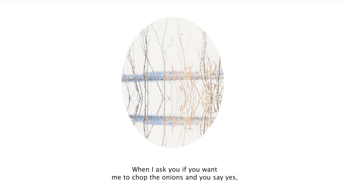 An ovular image of prairie grass and subtitles that read "When I ask you if you want me to chop the onions and you say yes,"