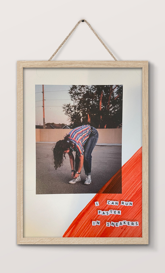 a frame with a photo of a person bending down to tie their shoes and alphabet beads that say "I can run faster in sneakers"