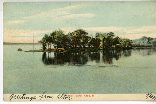 an old postcard shows a house on an island in the water