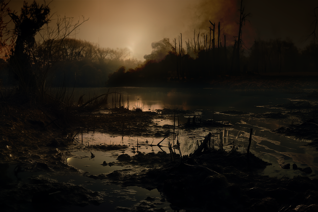 an image of a flooding river at sunset with pollution in the background