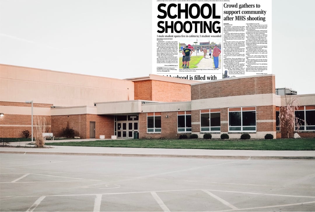 A high school with a newspaper edited into the sky that reads "School Shooting"