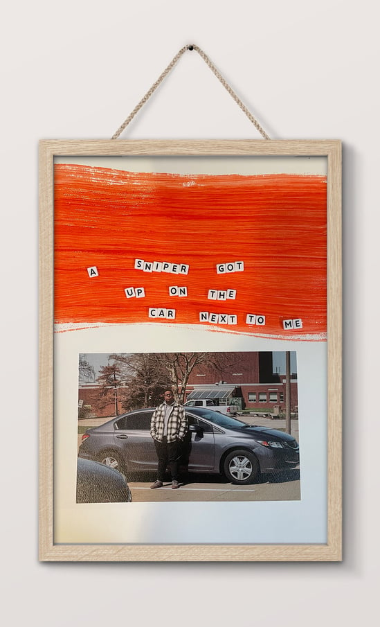 a framed photo of a man standing in front of a car with alphabet beads that say "A sniper got up on the car next to me"